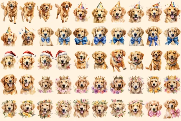 Golden Retrievers Watercolor Clipart Bundle - 345+ transparent PNG, Playful dog graphics, Golden pup art, Commercial use, Digital download