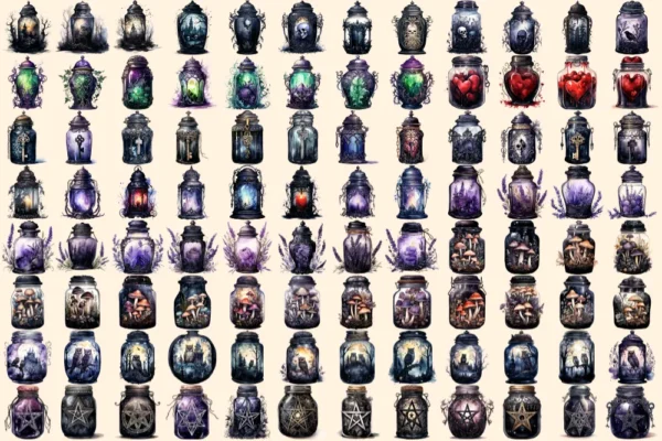 Gothic Jars Watercolor Clipart Bundle - 660+ transparent PNG, Elegant dark illustrations, Mystic jar png, Commercial use, Digital download