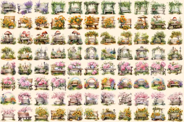 Garden Benches Watercolor Clipart Bundle - 603+ transparent PNG, lovely garden graphics, Rustic outdoor png, Commercial use,Digital download