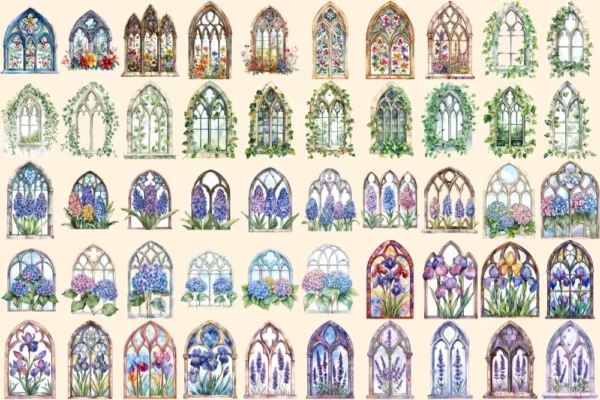 Floral Church Windows Watercolor Clipart Bundle - 340+ transparent PNG, Sacred graphics, Floral glass art, Commercial use, Digital download