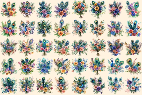 Peacock Bouquets Watercolor Clipart Bundle - 255+ transparent PNG, Elegant floral graphics, Vibrant images, Commercial use, Digital download