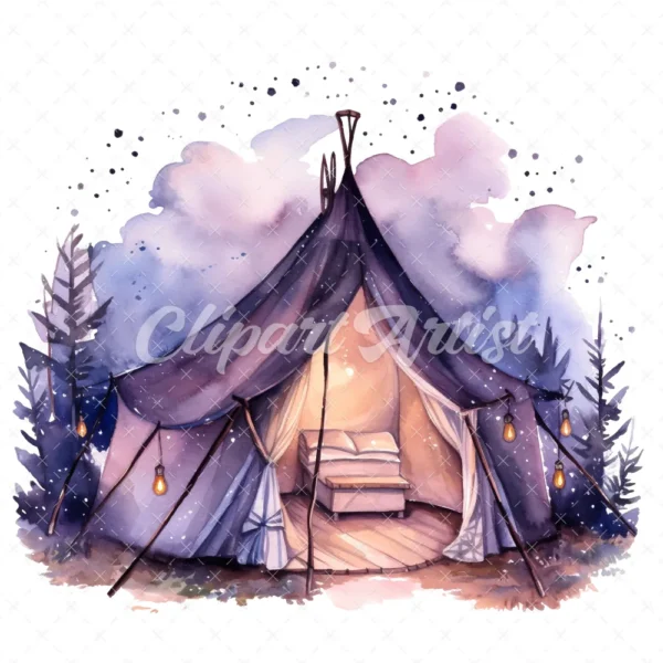 20 High-Quality Night Lighting Tents Clipart - Lighting tents digital watercolor JPG instant download for commercial use - Digital download