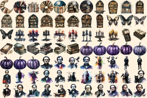 Dark Poem Watercolor Clipart Bundle - 500+ transparent PNG, Edgar allan poe graphics, Dark victorian png, Commercial use, Digital download