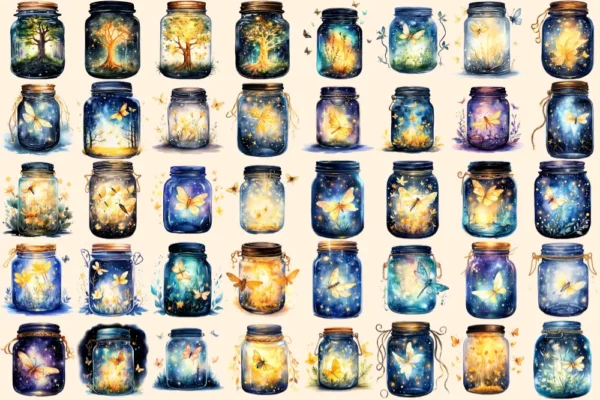 Firefly Jars Watercolor Clipart Bundle - 253+ transparent PNG, Whimsical fairytale graphics, Storybook art, Commercial use, Digital download
