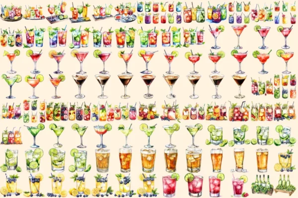 Alcoholic Drinks Watercolor Clipart Bundle - 690+ transparent PNG, Liquor cocktail illustrations, Drink png, Commercial use,Digital download