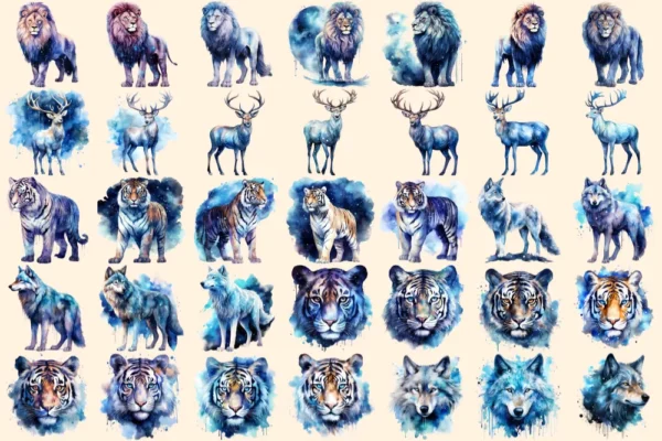Celestial Animals Watercolor Clipart Bundle - 225+ transparent PNG, Cosmic animal graphics, Galactic art, Commercial use, Digital download
