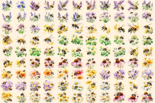 Bumblebees Watercolor Clipart Bundle - 645+ transparent PNG, Honey insect illustrations, Buzzing bee png, Commercial use, Digital download