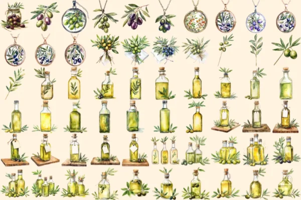 Olives Watercolor Clipart Bundle - 405+ transparent PNG, Mediterranean charm illustrations, Olive images, Commercial use, Digital download