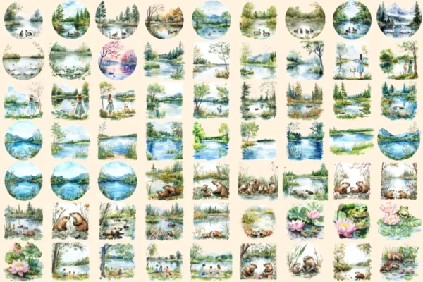 Spring Lakes Watercolor Clipart Bundle - 430+ transparent PNG, Peaceful lake graphics, Soothing scenic png, Commercial use, Digital download