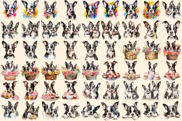 Boston Terriers Watercolor Clipart Bundle - 345+ transparent PNG, Boston puppy illustrations, Cute dog png, Commercial use, Digital download