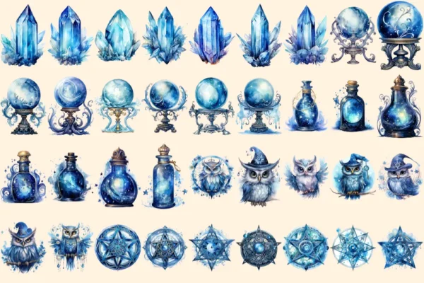 Celestial Witches Watercolor Clipart Bundle - 245+ transparent PNG, Enchanting graphics, Fantasy images, Commercial use, Digital download