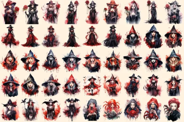 Gothic Witches Watercolor Clipart Bundle - 295+ transparent PNG, Fantasy fairytale graphics, Enchanting png, Commercial use,Digital download