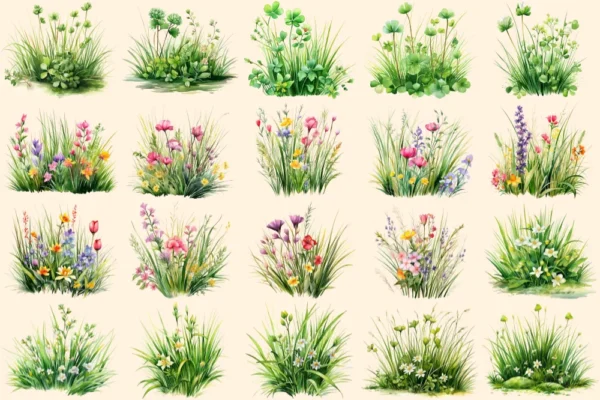 Grass Watercolor Clipart Bundle - 135+ transparent PNG, Botanical grass illustrations, Spring greenery art, Commercial use, Digital download