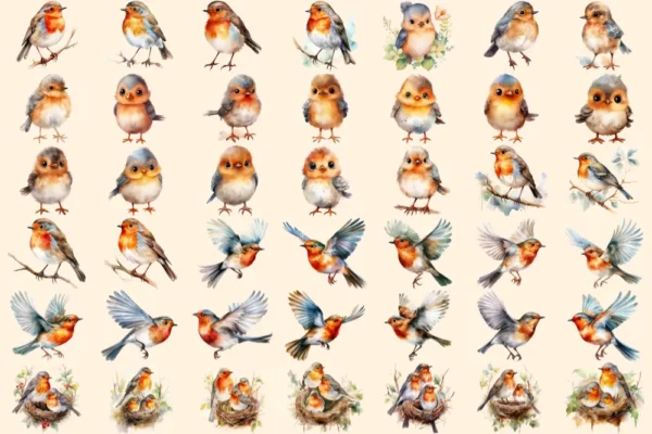 Robins Watercolor Clipart Bundle - 280+ transparent PNG, Delightful bird graphics, Adorable robin images, Commercial use, Digital download
