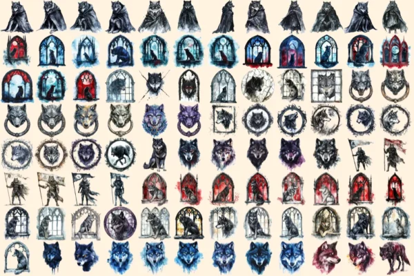 Gothic Wolves Watercolor Clipart Bundle - 630+ transparent PNG, Enigmatic lycan graphics, Shadowy wolf art, Commercial use, Digital download