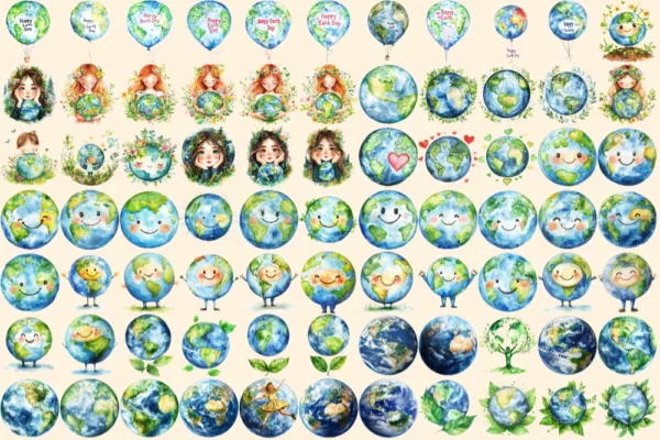 Earth Day Watercolor Clipart Bundle - 503+ transparent PNG, Eco-Friendly graphics, Planet care png images, Commercial use, Digital download