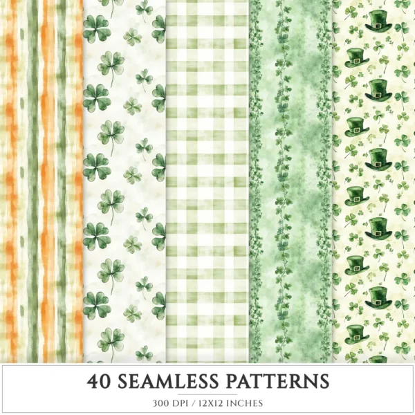 Lucky Cottage Seamless Patterns, Shamrock floral JPEG, Green celtic pattern, St. patrick’s day repeating pattern, Digital scrapbook paper