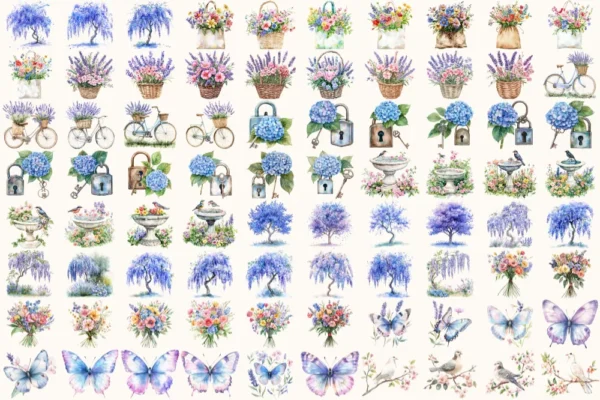 Monet's Garden Watercolor Clipart Set - 550+ transparent PNG, Spring garden graphics, Romantic florals art, Commercial use, Digital download