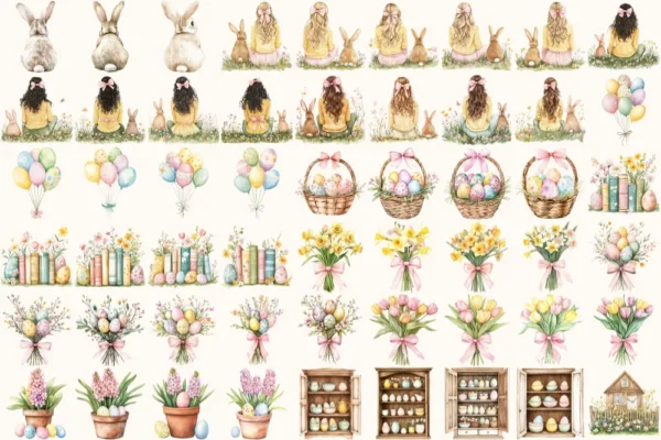 Joyful Easter Watercolor Clipart Set - 355+ transparent PNG, Spring bunnies eggs graphics, Easter joy art, Commercial use, Digital download