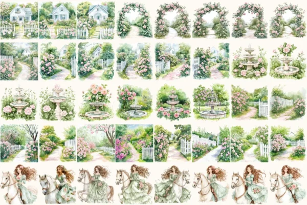 Secret Garden Watercolor Clipart Set - 275+ transparent PNG, Garden tea party graphics, Spring greenery art, Commercial use,Digital download