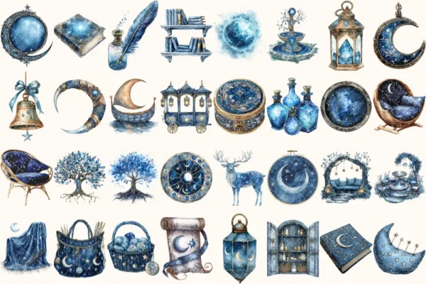 Celestial Elf Watercolor Clipart Set - 215+ transparent PNG, Magical nightscape graphics, Cosmic stars art, Commercial use, Digital download