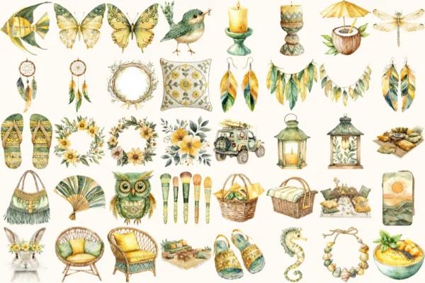 Boho Summer Watercolor Clipart Set - 250+ transparent PNG, Sunkissed boho graphics, Seaside fashion images, Commercial use, Digital download