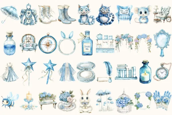 Modern Alice Watercolor Clipart Set - 250+ transparent PNG, Alice in wonderland graphics, Fairytale images, Commercial use, Digital download