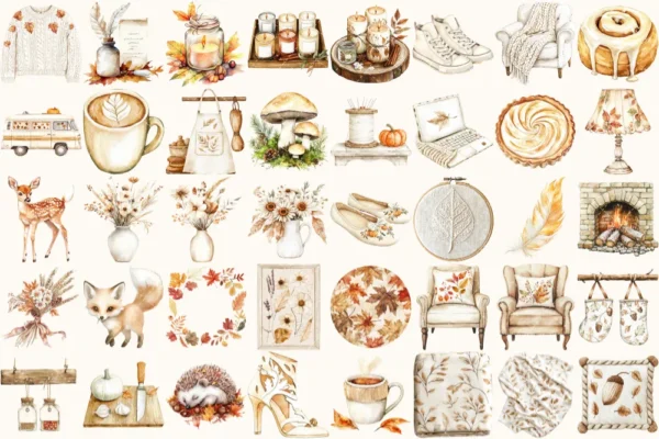 Lovely Autumn Watercolor Clipart Set - 250+ transparent PNG, Pumpkin season graphics, Girl with book images, Commercial use,Digital download