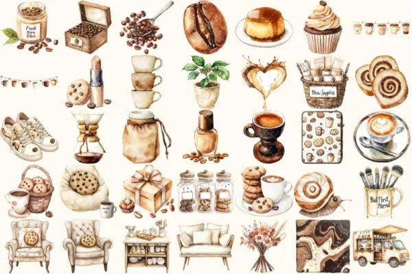 Coffee Lover Watercolor Clipart Set - 240+ transparent PNG, Coffee planner graphics, Coffee moments images, Commercial use, Digital download
