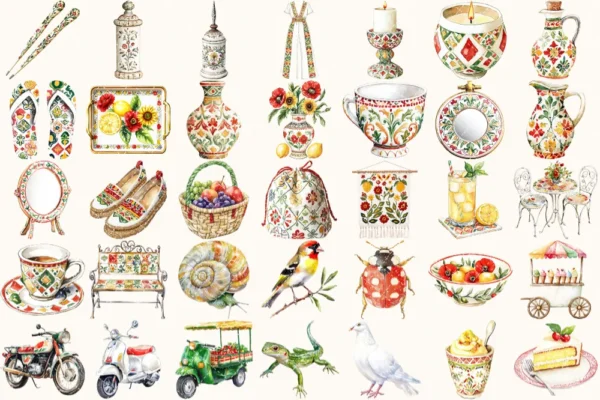 Italian Vibes Watercolor Clipart Set - 240+ transparent PNG, Italian summer graphics, Mediterranean images, Commercial use, Digital download