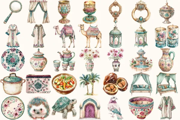 Moroccan Escape Watercolor Clipart Set - 235+ transparent PNG, Summer travels graphics, Moroccan decor art, Commercial use, Digital download
