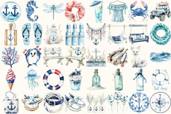 Summer Anchor Watercolor Clipart Set - 260+ transparent PNG, Seaside coastal graphics, Summertime images, Commercial use, Digital download