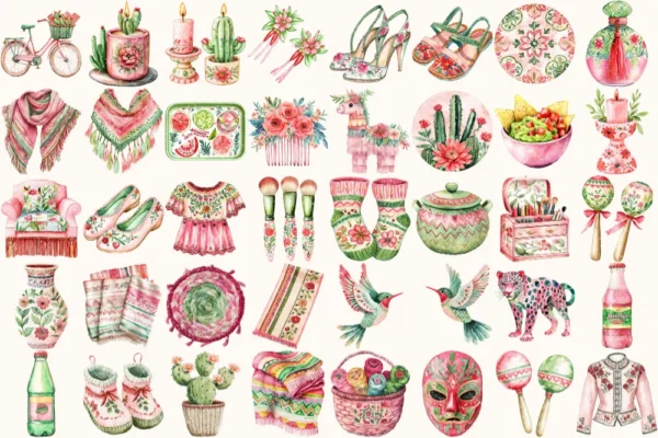 Viva Mexico Watercolor Clipart Set - 240+ transparent PNG, Mexican fiesta graphics, Cinco de mayo party art, Commercial use,Digital download