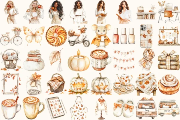 Autumn Planner Watercolor Clipart Set - 248+ transparent PNG, Cozy planner girl graphics, Boho fall png, Commercial use, Digital download