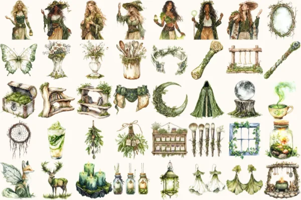 Gravemoss Witch Watercolor Clipart Set - 265+ transparent PNG, Mystic forest graphics, Witchy fantasy art, Commercial use, Digital download