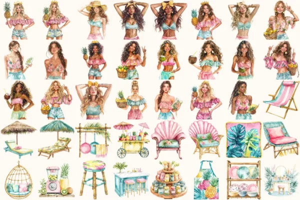 Tropical Island Rhythms Watercolor Clipart Set - 268+ transparent PNG, Seaside graphics, Tropical summer, Commercial use, Digital download