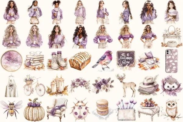Plum Mood Watercolor Clipart Set - 261+ transparent PNG, Retro fall city illustration, Floral graphics, Commercial use, Digital download