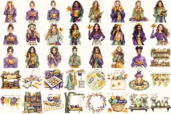 Autumn Notions Watercolor Clipart Set - 265+ transparent PNG, Artistic autumn graphics, Falling leaves art, Commercial use, Digital download