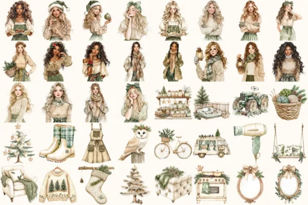 Festive Farmhouse Watercolor Clipart Set - 273+ transparent PNG, Cozy christmas graphics, Holiday cabin art, Commercial use,Digital download