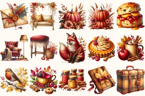 Autumn Enchantment Clipart Set - 120+ transparent PNG, Cozy autumn illustrations, Cottagecore fall images, Commercial use, Digital download