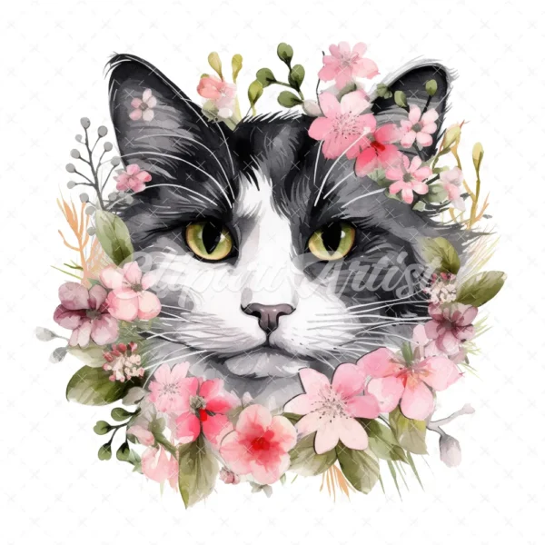 20 High-Quality Black and White Floral Cats Clipart - Cats digital watercolor JPG instant download for commercial use - Digital download