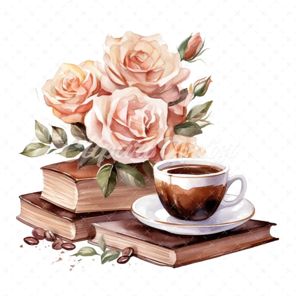 20 High-Quality Floral Coffee Books Clipart - Coffee books digital watercolor JPG instant download for commercial use - Digital download