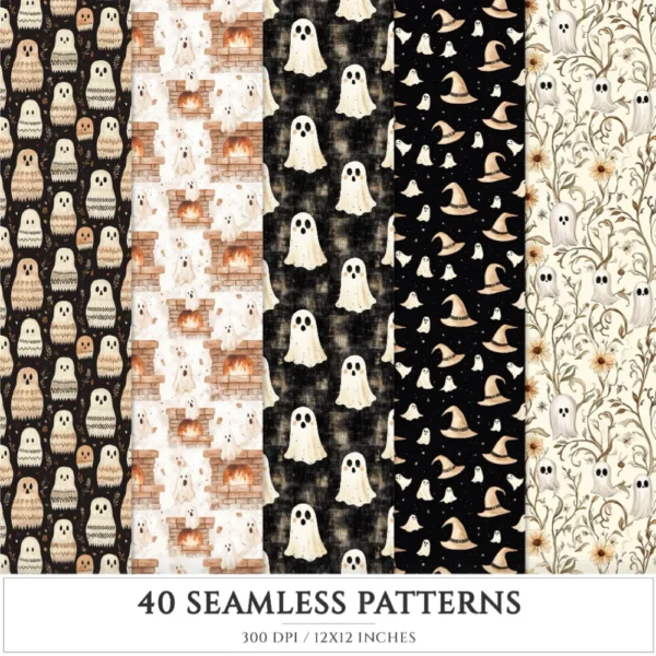 Cozy Haunt Seamless Patterns, Spooky autumn JPEG, Ghosts pattern, Witch hat, Bones, Pumpkin repeating pattern, Digital scrapbook paper