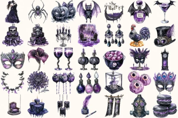 Haunted Masquerade Watercolor Clipart Set - 230+ transparent PNG, Spooky halloween graphics, Gothic images, Commercial use, Digital download