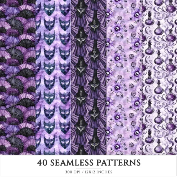 Haunted Masquerade Seamless Patterns, Spooky halloween JPEG, Gothic rose pattern, Raven, Skulls repeating pattern, Digital scrapbook paper