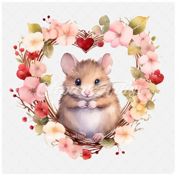 19 High-Quality Mouse in Heart Wreath Clipart - Mouse wreath digital watercolor JPG instant download for commercial use - Digital download