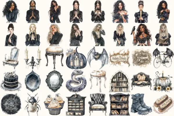 Ghostly Gothic Walls Watercolor Clipart Set - 275+ transparent PNG, Dark academia graphics, Halloween png, Commercial use, Digital download