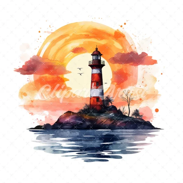 20 High-Quality Sunset Lighthouse Clipart - Sunset lighthouse digital watercolor JPG instant download for commercial use - Digital download