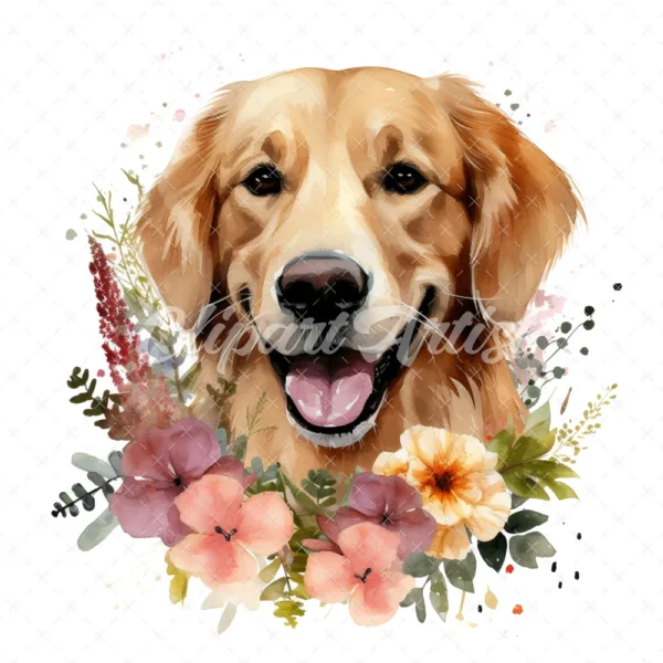 20 High-Quality Floral Golden Retriever Clipart - Retriever digital watercolor JPG instant download for commercial use - Digital download