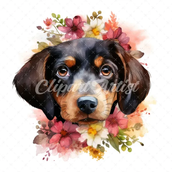 20 High-Quality Floral Portrait Puppy Clipart - Floral Puppy digital watercolor JPG instant download for commercial use - Digital download
